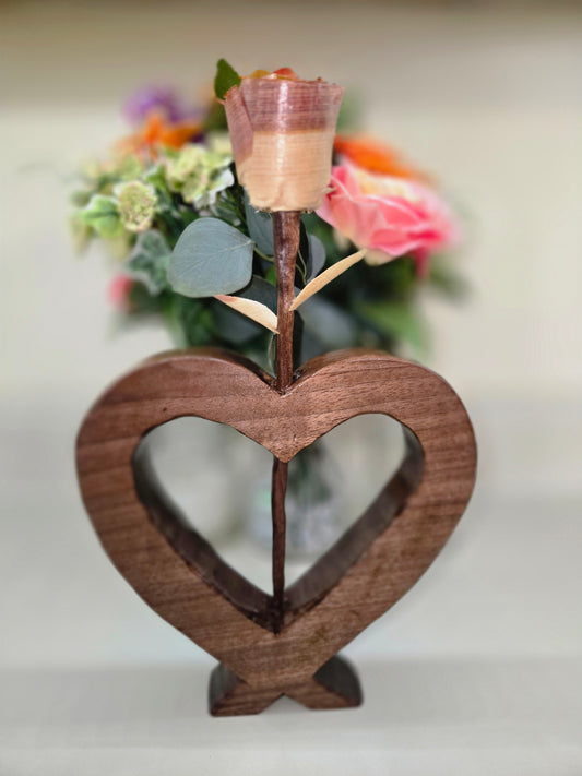 Walnut heart shape flower holder with hand crafted cedar and walnut rose