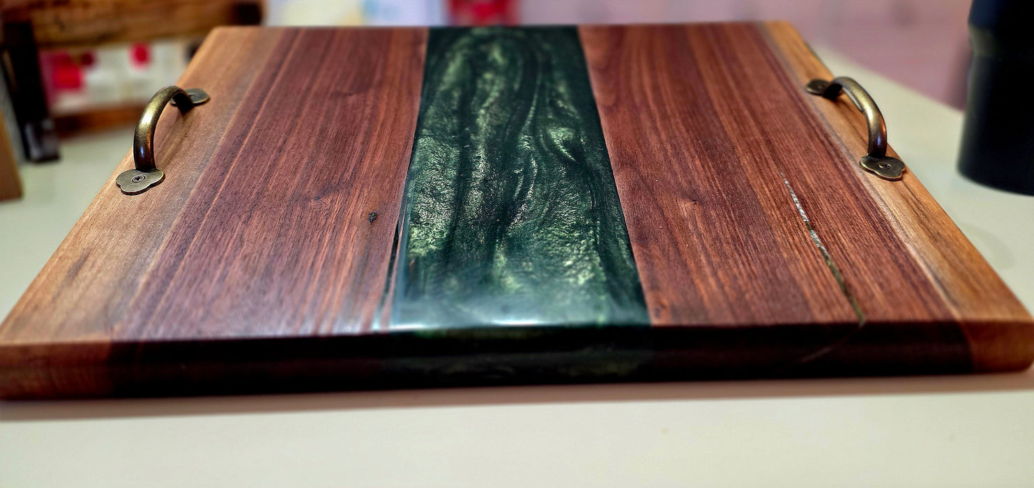 Handcrafted Walnut Serving Tray with Green Epoxy Inlay