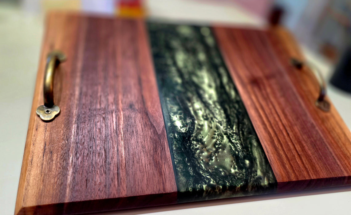 Handcrafted Walnut Serving Tray with Green Epoxy Inlay