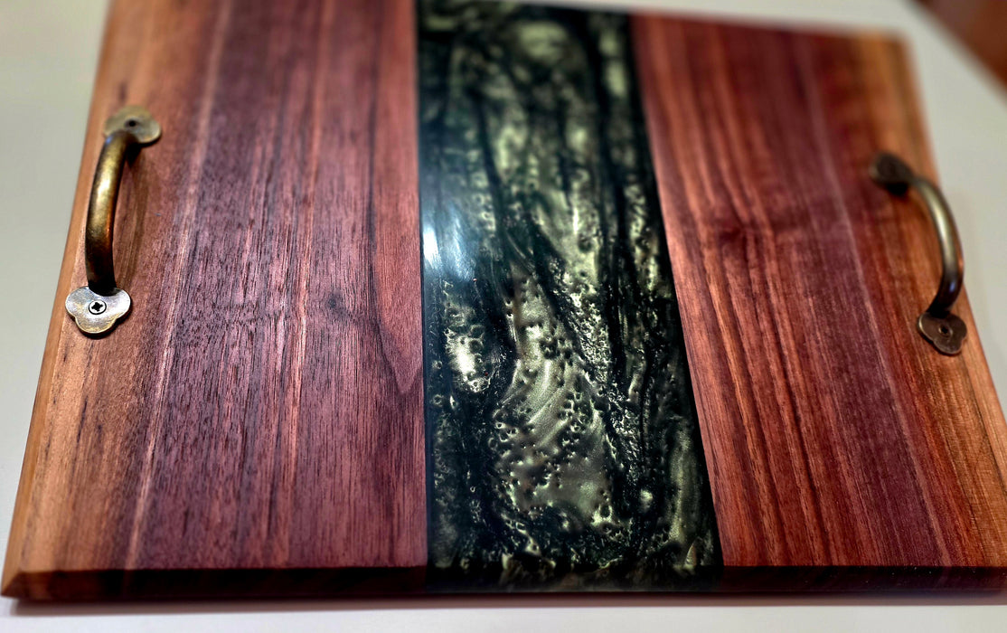 Handcrafted Walnut Serving Tray with Green Epoxy Inlay