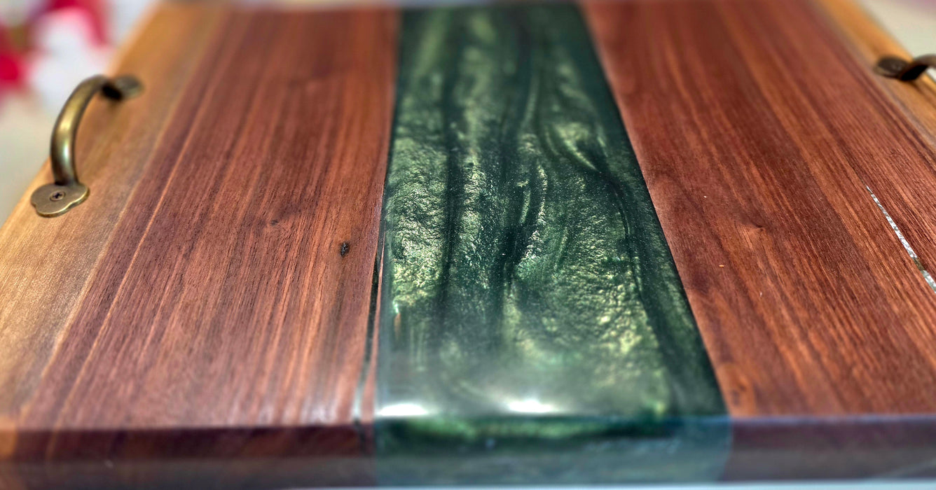 Handcrafted Walnut Serving Tray with Green Epoxy Inlay