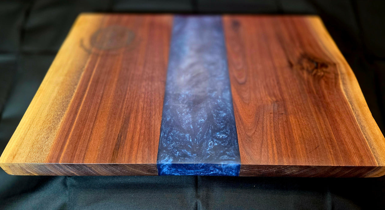 Handmade Walnut Serving Tray with Blue Epoxy | Charcuterie & Entertaining Board