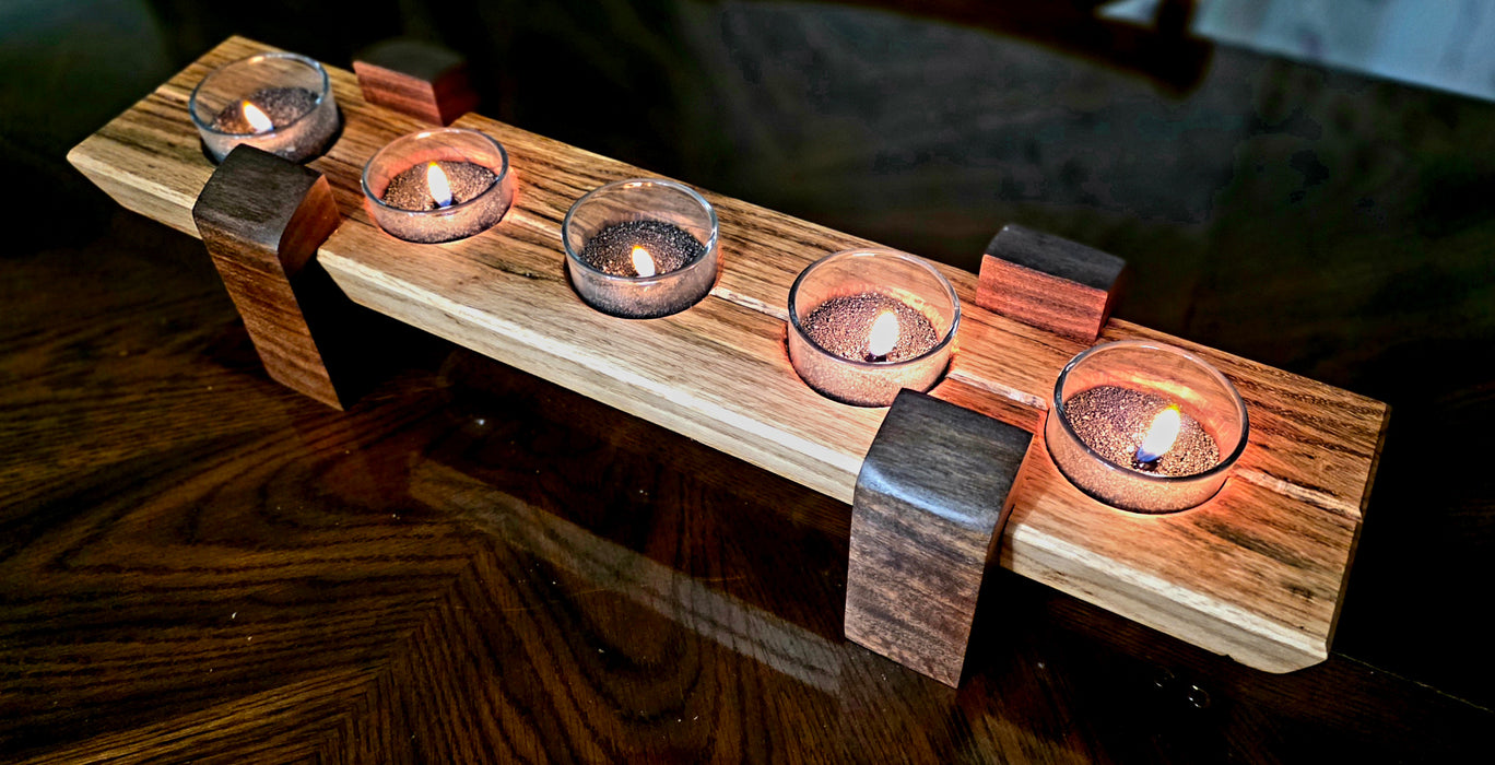 Walnut & Red Oak Candle Holder with Pearl Wax
