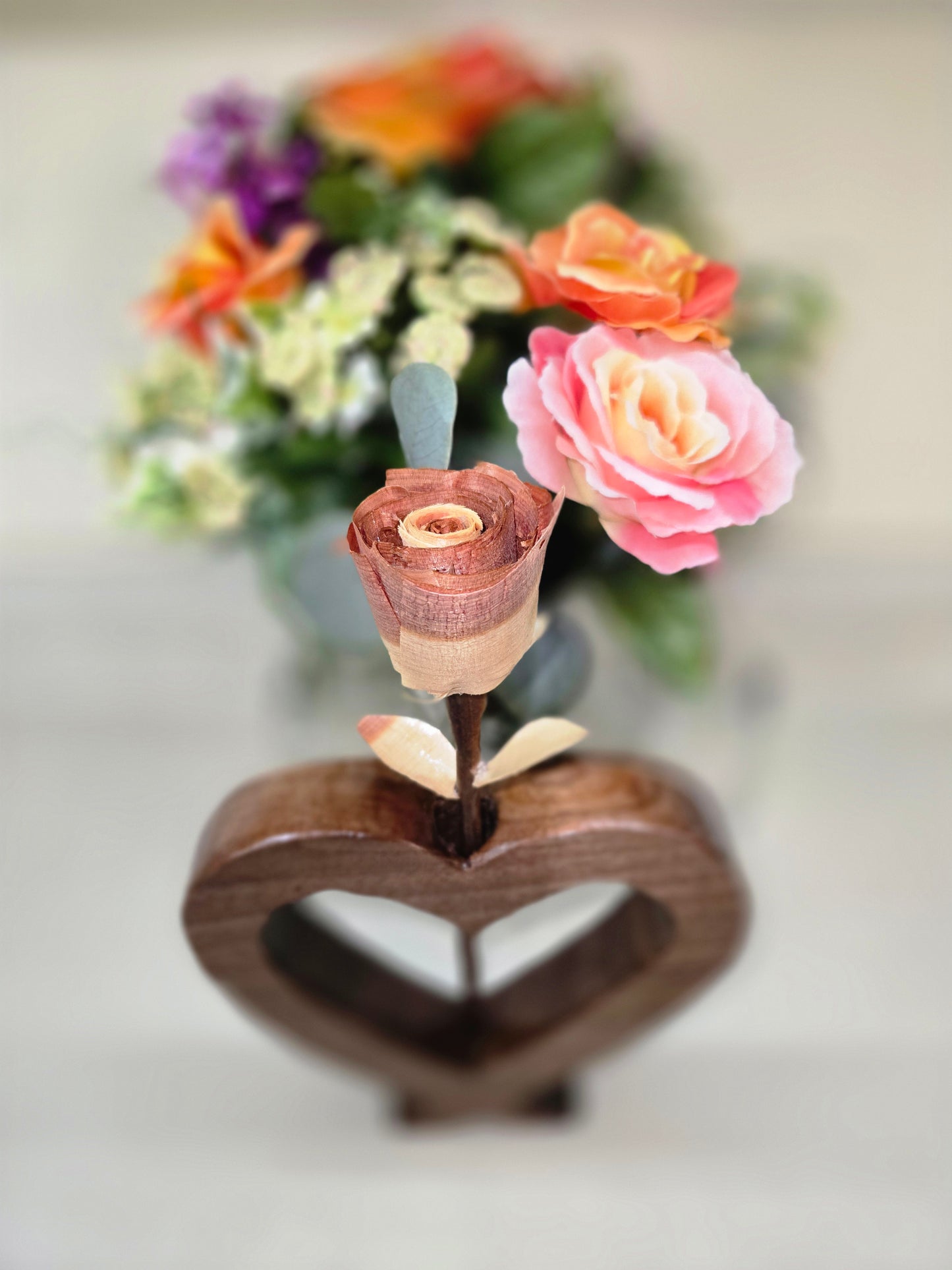 Walnut heart shape flower holder with hand crafted cedar and walnut rose