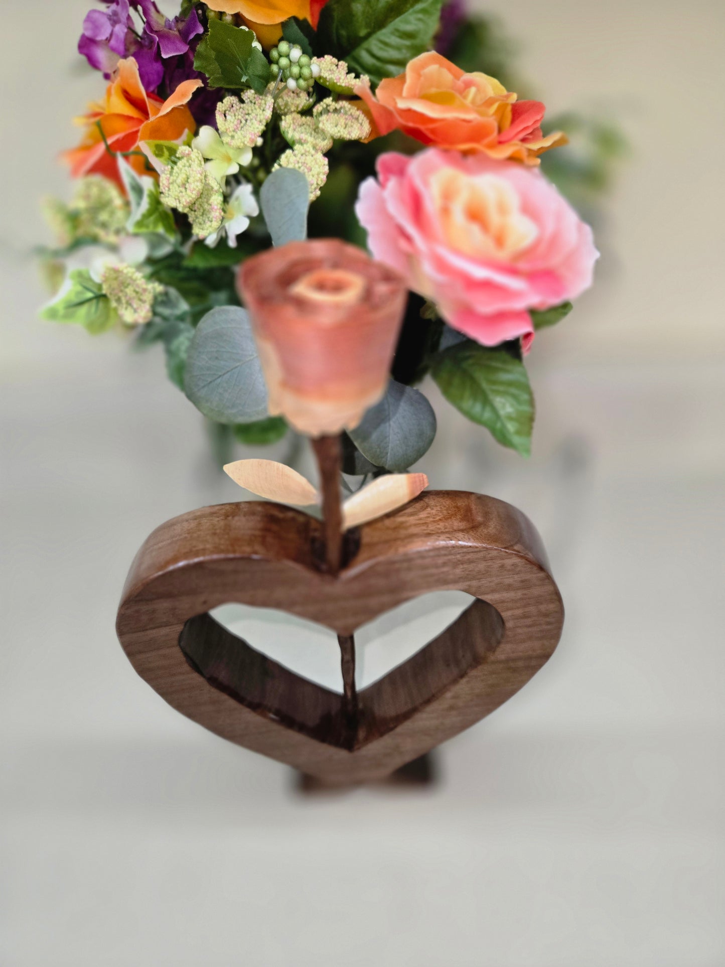 Walnut heart shape flower holder with hand crafted cedar and walnut rose