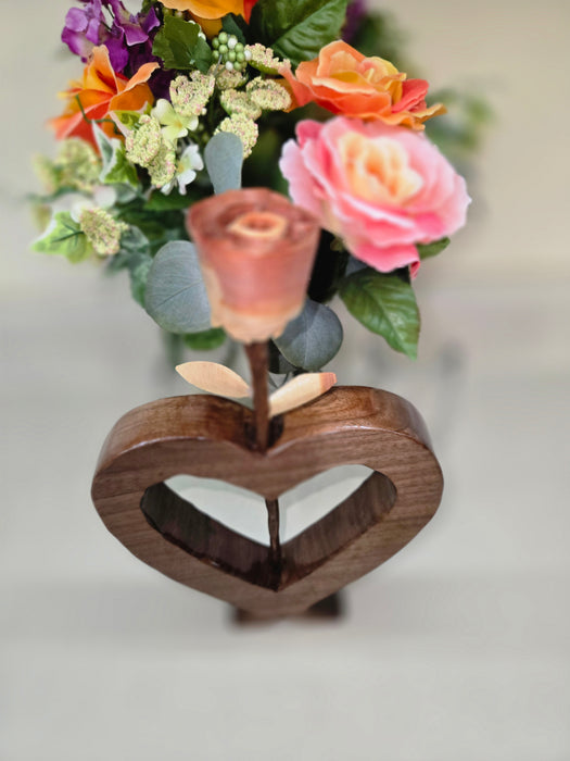 Walnut heart shape flower holder with hand crafted cedar and walnut rose