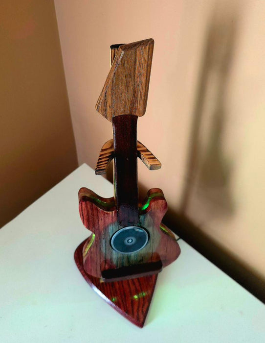 Wooden Guitar Phone Charging Stand with LED Music Sync Lights – Red Oak & Rosewood Desk Display