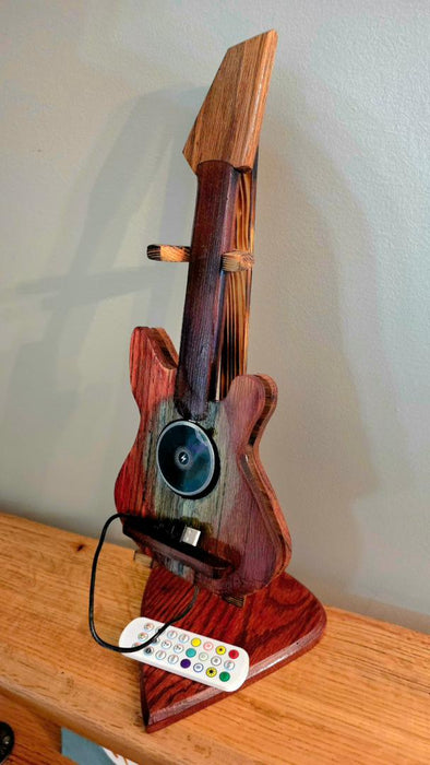Wooden Guitar Phone Charging Stand with LED Music Sync Lights – Red Oak & Rosewood Desk Display