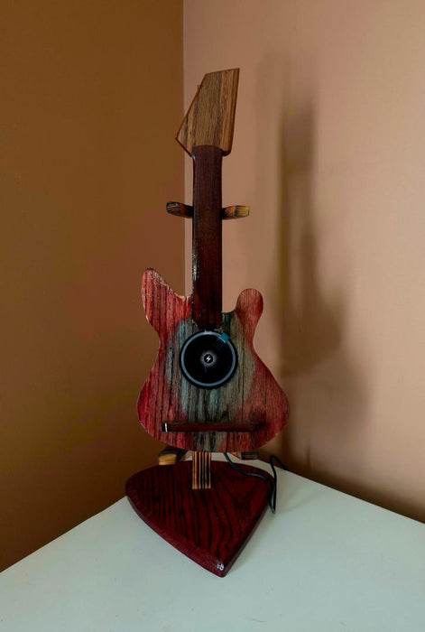 Wooden Guitar Phone Charging Stand with LED Music Sync Lights – Red Oak & Rosewood Desk Display