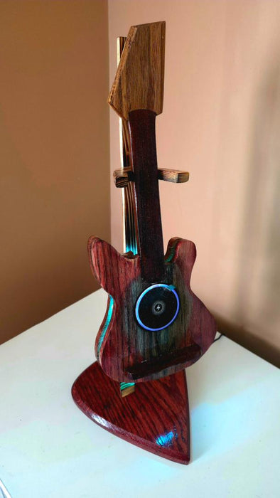 Wooden Guitar Phone Charging Stand with LED Music Sync Lights – Red Oak & Rosewood Desk Display