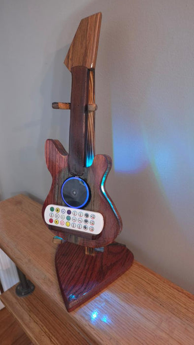 Wooden Guitar Phone Charging Stand with LED Music Sync Lights – Red Oak & Rosewood Desk Display