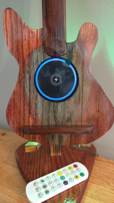 Wooden Guitar Phone Charging Stand with LED Music Sync Lights – Red Oak & Rosewood Desk Display