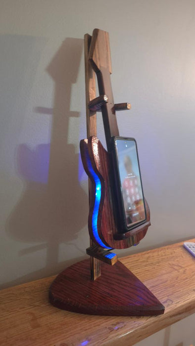 Wooden Guitar Phone Charging Stand with LED Music Sync Lights – Red Oak & Rosewood Desk Display