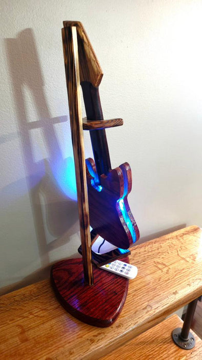 Wooden Guitar Phone Charging Stand with LED Music Sync Lights – Red Oak & Rosewood Desk Display