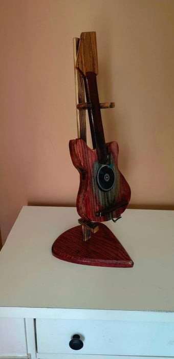 Wooden Guitar Phone Charging Stand with LED Music Sync Lights – Red Oak & Rosewood Desk Display