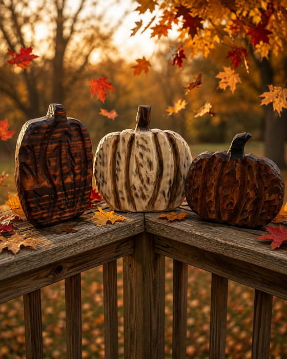 Hand-Carved Rustic Americana Wooden Pumpkins – Set of 3