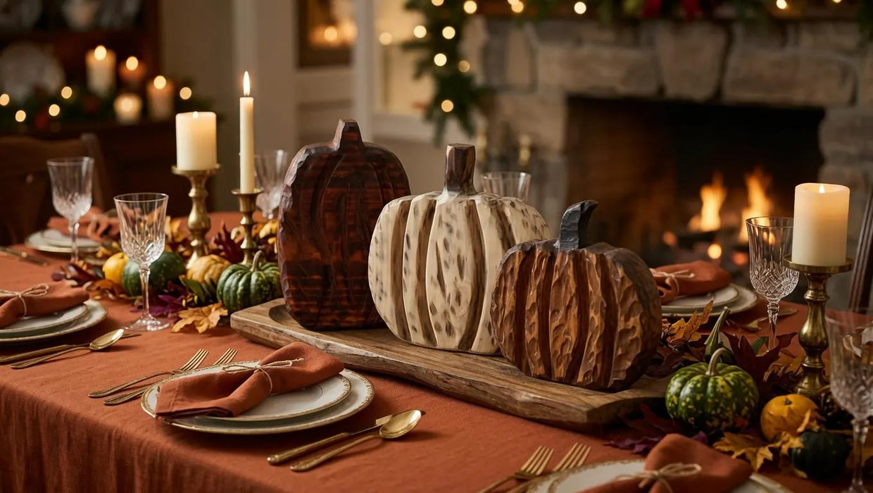 Hand-Carved Rustic Americana Wooden Pumpkins – Set of 3