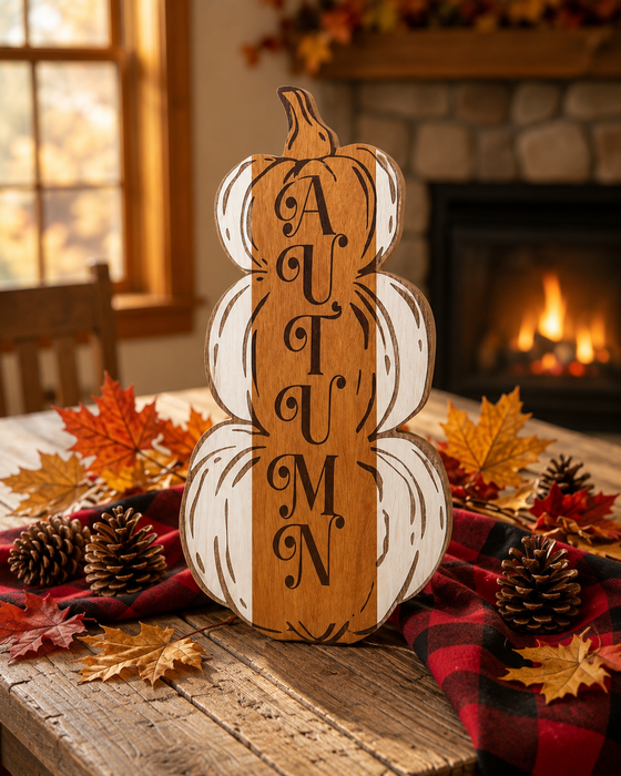 All-Natural Osage & Aspen Wood “AUTUMN” Stacked Pumpkin Sign