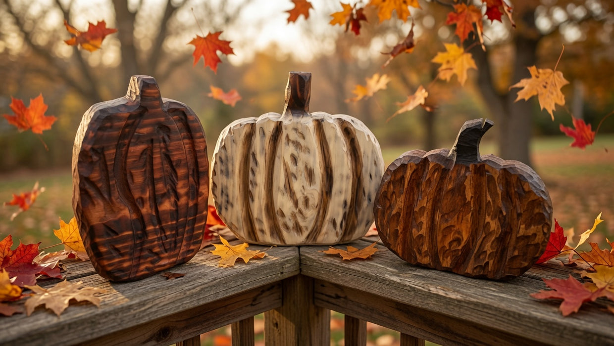 Hand-Carved Rustic Americana Wooden Pumpkins – Set of 3