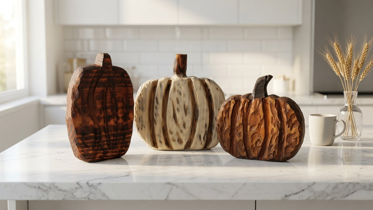 Hand-Carved Rustic Americana Wooden Pumpkins – Set of 3