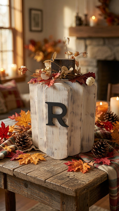 Large White Rustic Wooden Pumpkin Centerpiece – 14" Tall | Can Be Personalized