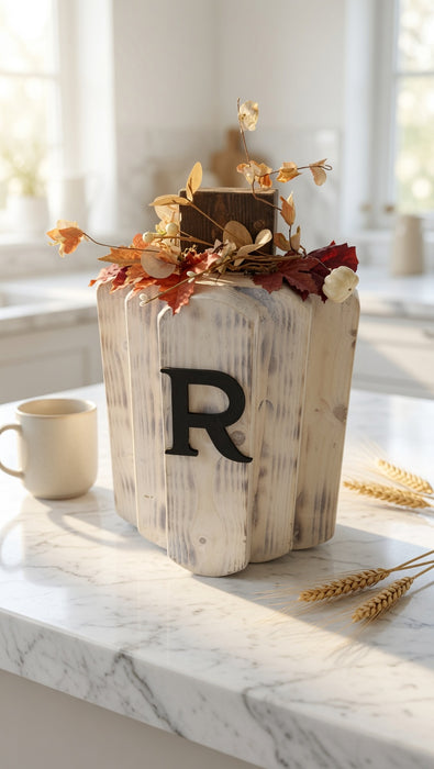 Large White Rustic Wooden Pumpkin Centerpiece – 14" Tall | Can Be Personalized