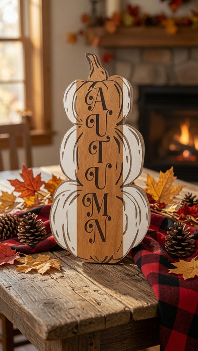 All-Natural Osage & Aspen Wood “AUTUMN” Stacked Pumpkin Sign