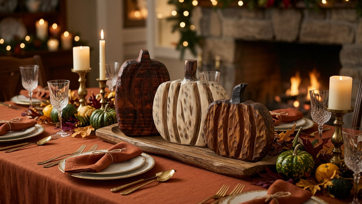 Hand-Carved Rustic Americana Wooden Pumpkins – Set of 3