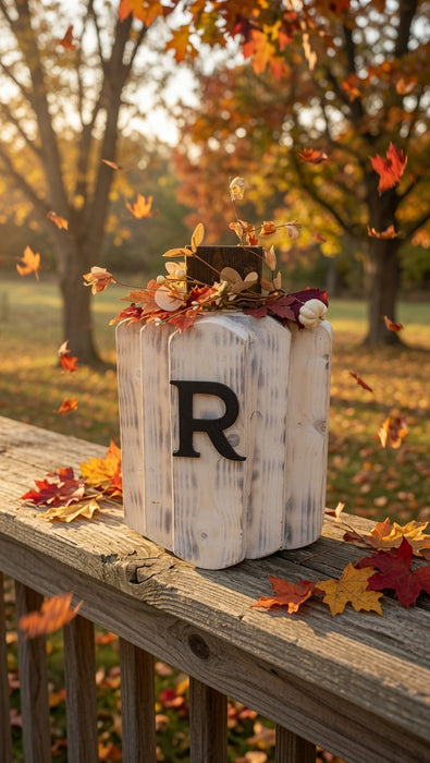 Large White Rustic Wooden Pumpkin Centerpiece – 14" Tall | Can Be Personalized