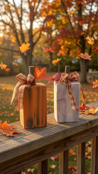 Mini Rustic Farm Americana Wooden Pumpkin Set with ribbon