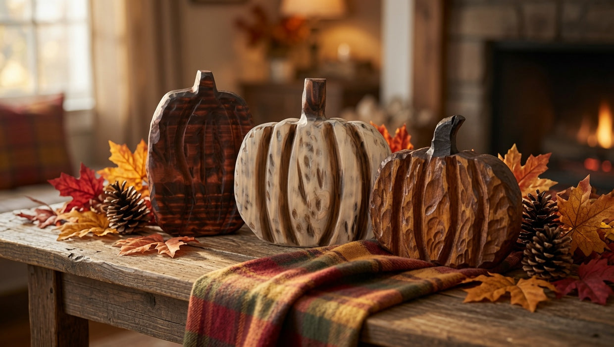 Hand-Carved Rustic Americana Wooden Pumpkins – Set of 3