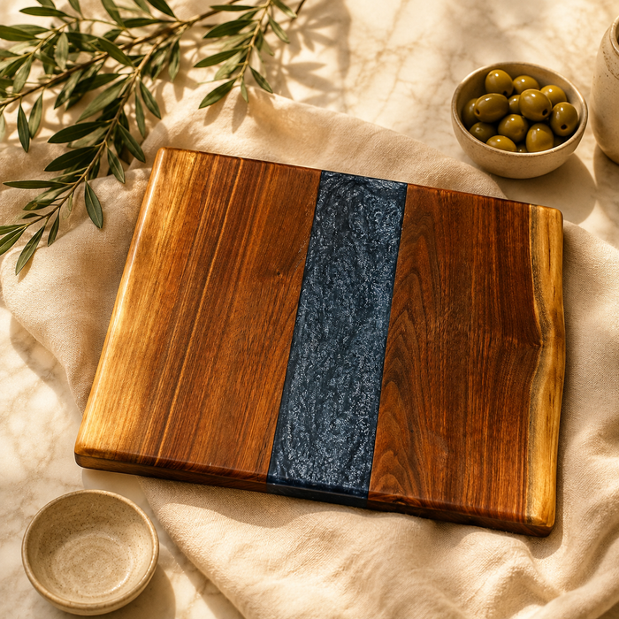Handmade Walnut Serving Tray with Blue Epoxy | Charcuterie & Entertaining Board