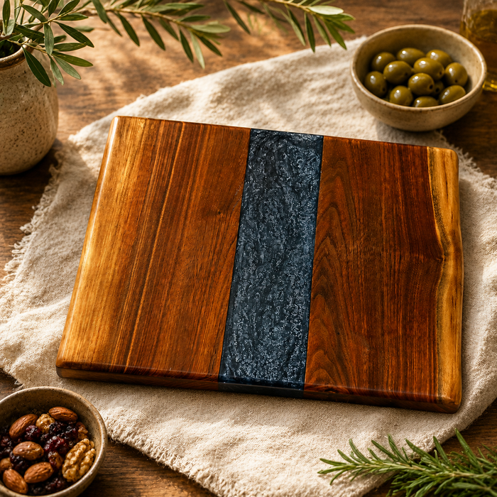 Handmade Walnut Serving Tray with Blue Epoxy | Charcuterie & Entertaining Board