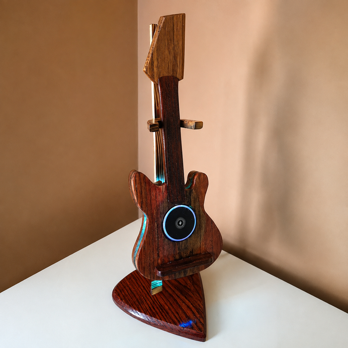 Wooden Guitar Phone Charging Stand with LED Music Sync Lights – Red Oak & Rosewood Desk Display